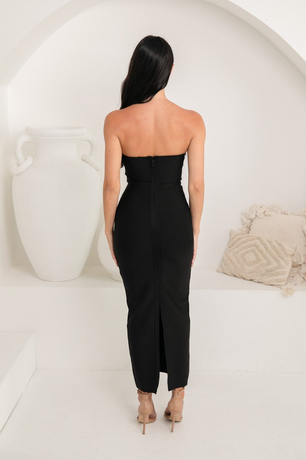 Back Image of Black Strapless Bandage Maxi Dress with Clear Stones Embellishment and Back Split