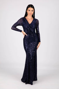 Navy Deep Blue Sequin Long Sleeve Fitted Evening Maxi Dress with V Neckline, Column Silhouette and Side Split