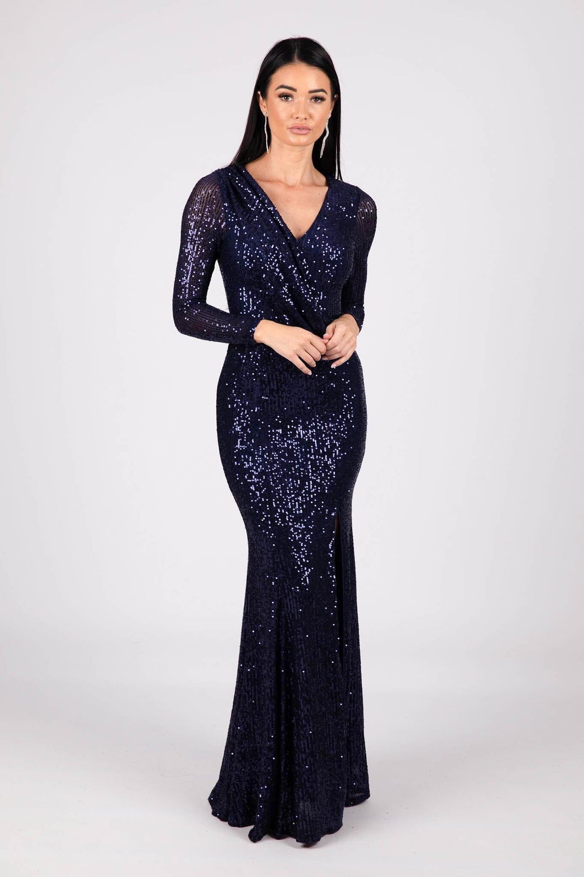 Navy Deep Blue Sequin Long Sleeve Fitted Evening Maxi Dress with V Neckline, Column Silhouette and Side Split