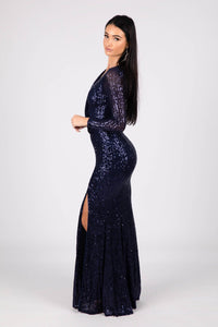 Side Image of Navy Deep Blue Sequin Long Sleeve Fitted Evening Maxi Dress with V Neckline, Column Silhouette and Side Split