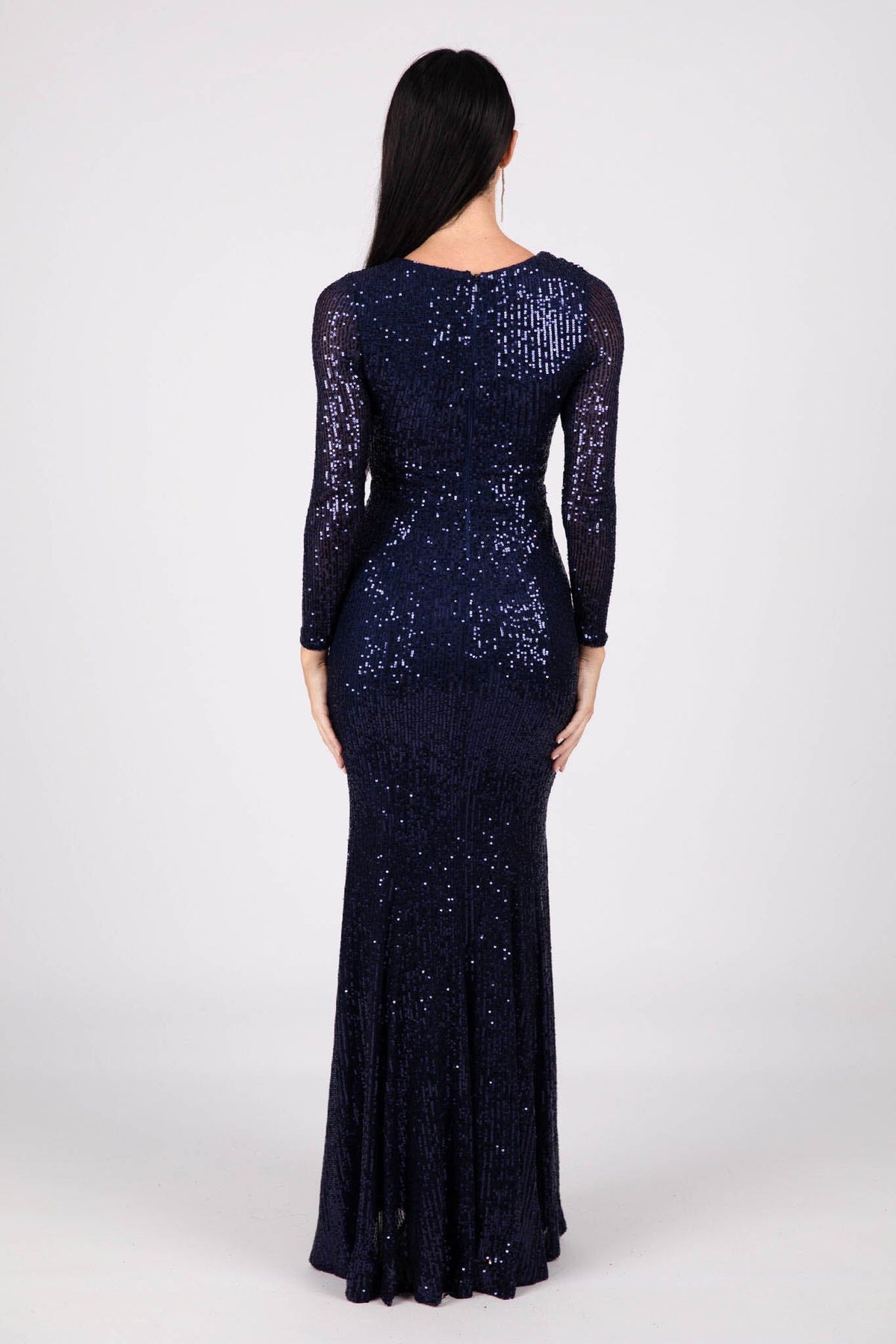 Closed Back Design of Navy Deep Blue Sequin Long Sleeve Fitted Evening Maxi Dress with V Neckline, Column Silhouette and Side Split