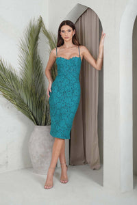 Teal Green Lace Fitted Midi Dress with Sweetheart Neckline, Eyelash Lace Detail at Bust and Thin Shoulder Straps