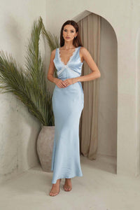 Light Blue Silky Satin Sleeveless Maxi Dress with Deep V Neckline and Floral Lace Trim