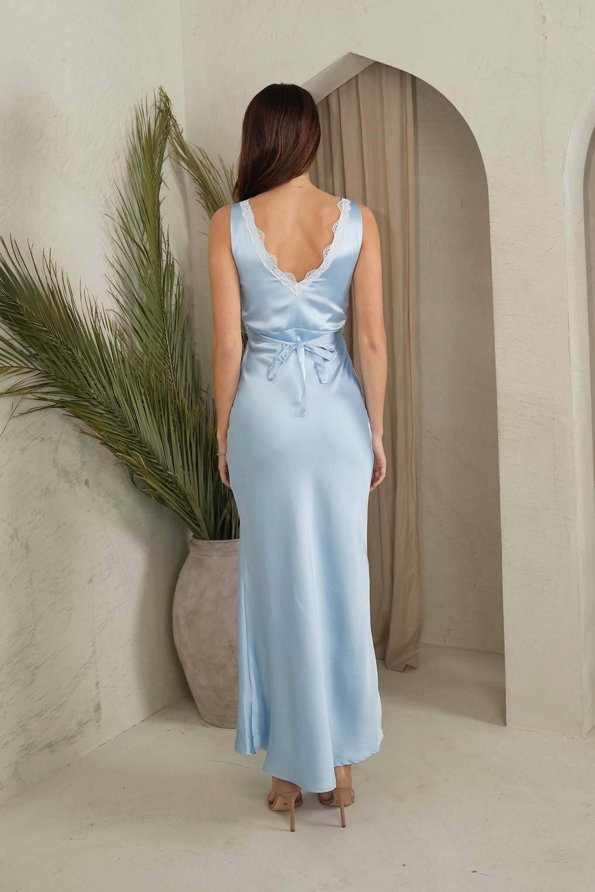 V Open Back with Floral Lace Trim of Light Blue Silky Satin Sleeveless Maxi Dress with Deep V Neckline and Floral Lace Trim