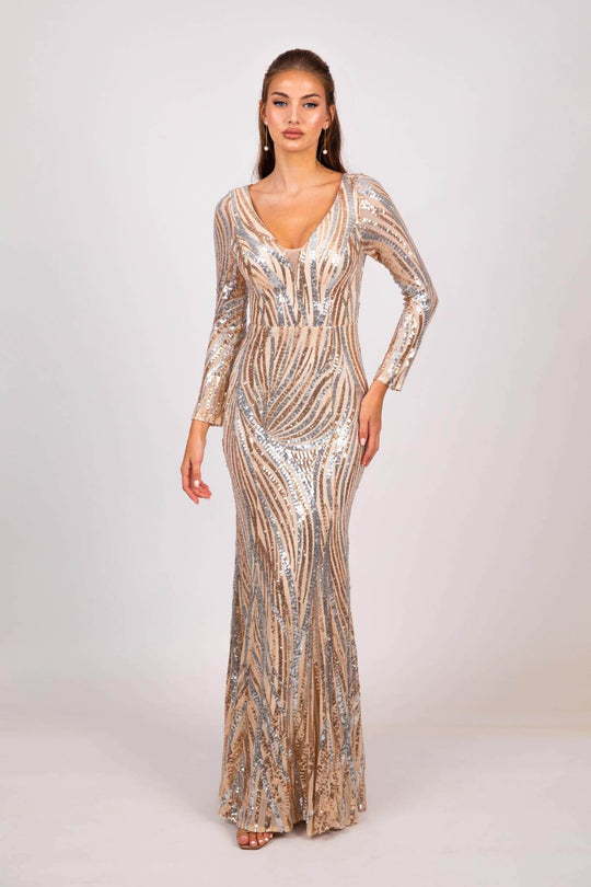 Evangeline Pattern Sequin Gown - Champagne (XS - Clearance Sale)