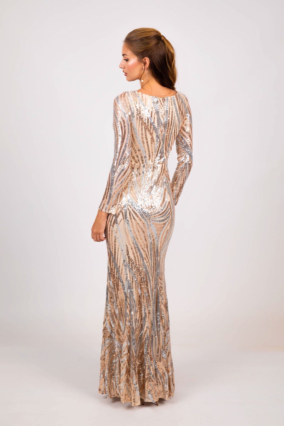 Evangeline Pattern Sequin Gown - Champagne (XS & S - Clearance Sale) Noodz Boutique Evangeline Pattern Sequin Gown - Champagne (XS & S - Clearance Sale) Noodz Boutique