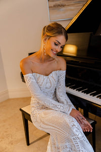Nude Illusion Fitted Wedding Dress with Off-Shoulder Long Sleeves in White Pattern Sequin and Nude Underlay