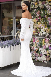 White Off-the-shoulder Long Sleeve Fitted Wedding Gown with Sweep Train