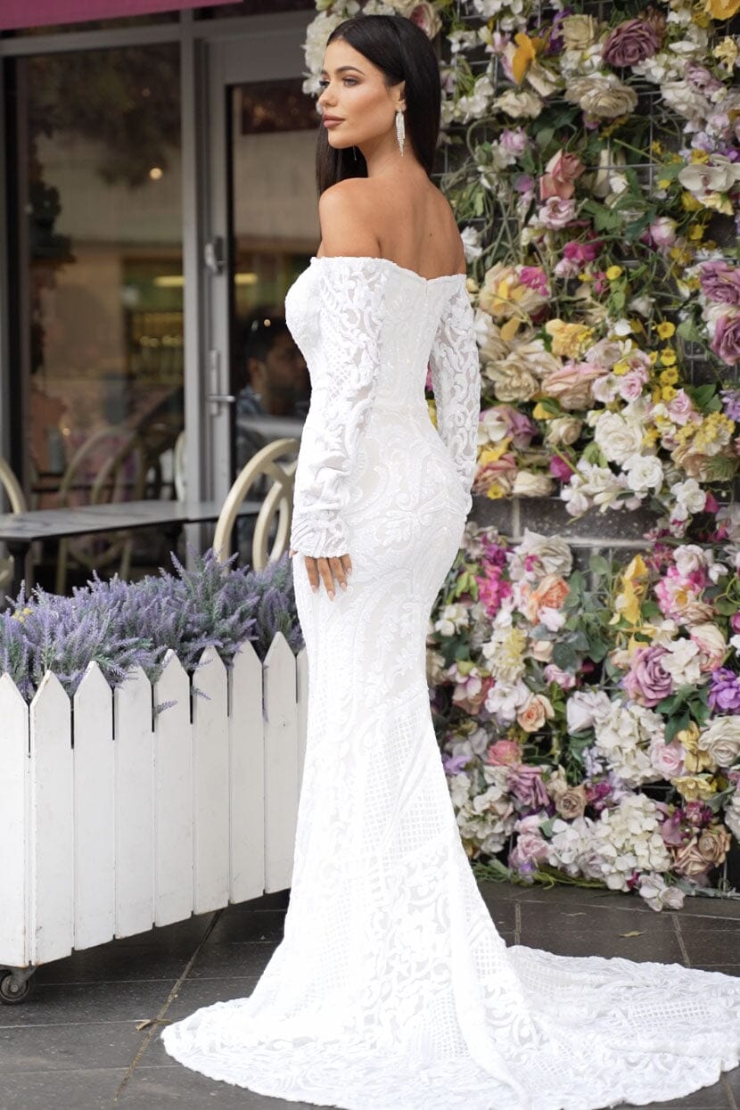 Gianna Off-Shoulder Long Sleeve Gown - White/White Noodz Boutique Gianna Off-Shoulder Long Sleeve Gown - White/White Noodz Boutique