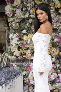 Side Image of White Off-the-shoulder Long Sleeve Fitted Wedding Gown