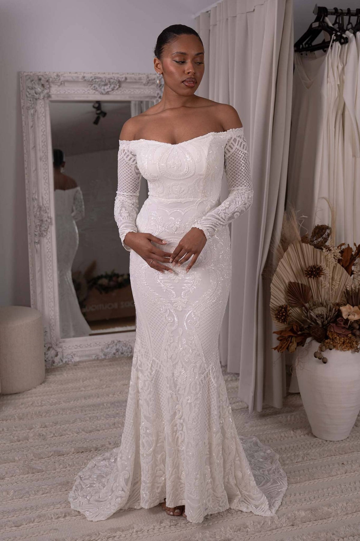 Gianna Off-Shoulder Long Sleeve Gown - White/White Noodz Boutique Gianna Off-Shoulder Long Sleeve Gown - White/White Noodz Boutique