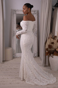 White Off-The-Shoulder Long Sleeve Fitted Sequin Gown with Sheer Long Sleeves and Sweep Train