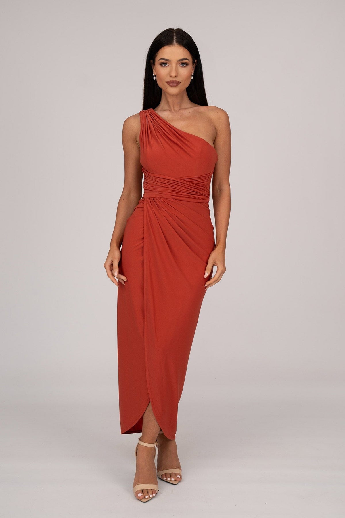 burnt orange one shoulder dress Hayden One Shoulder Midi Dress