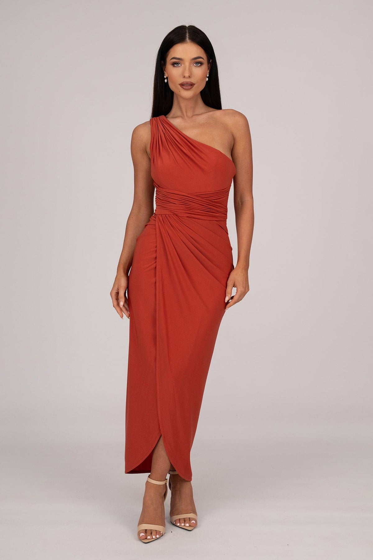 Full Frontal Image of Burnt Orange Midi Dress with One Shoulder Neckline, Faux-wrap Front Design and Asymmetrical Skirt with Centre Front Split