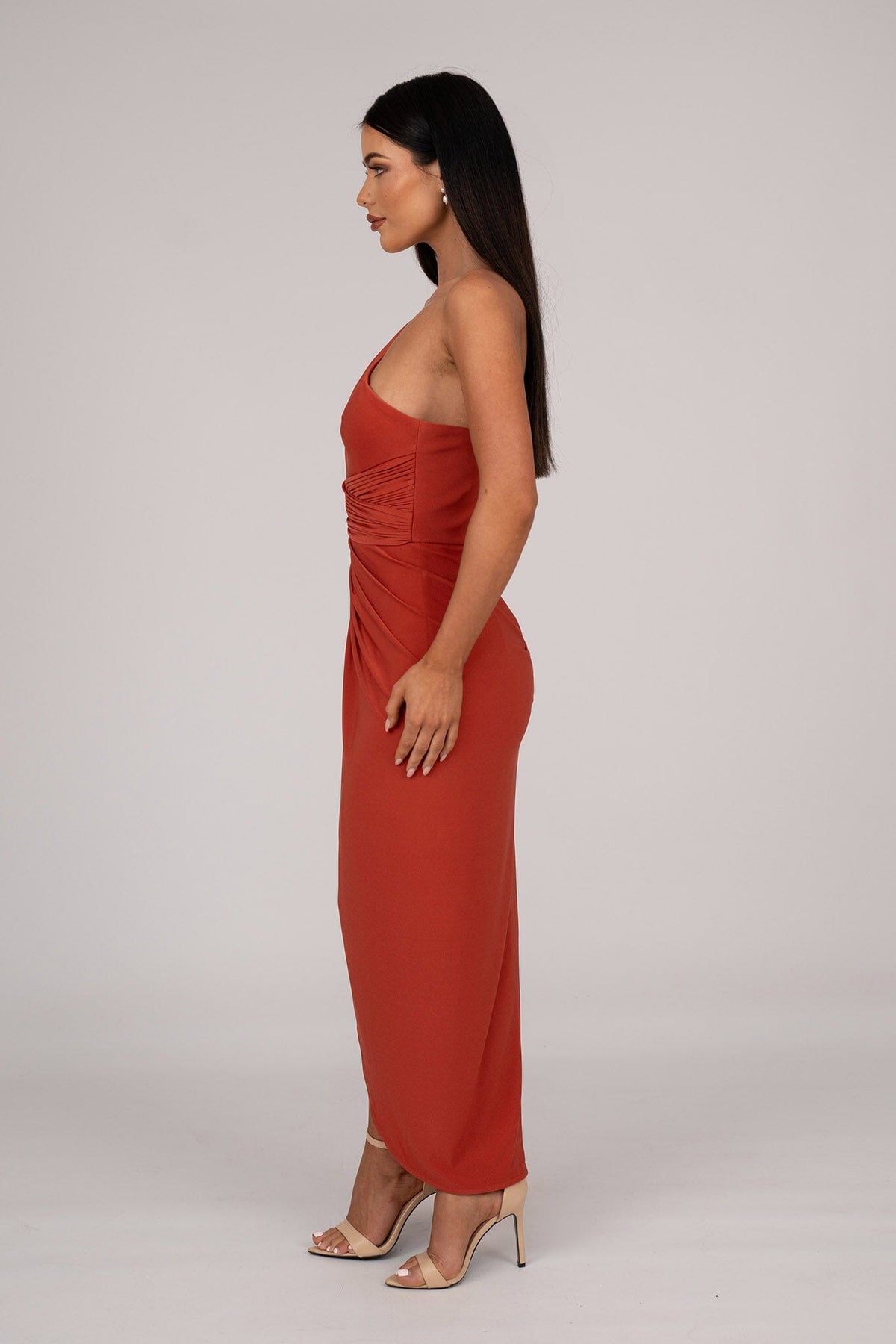 Side Image of Burnt Orange Midi Dress with One Shoulder Neckline, Faux-wrap Front Design and Asymmetrical Skirt with Centre Front Split