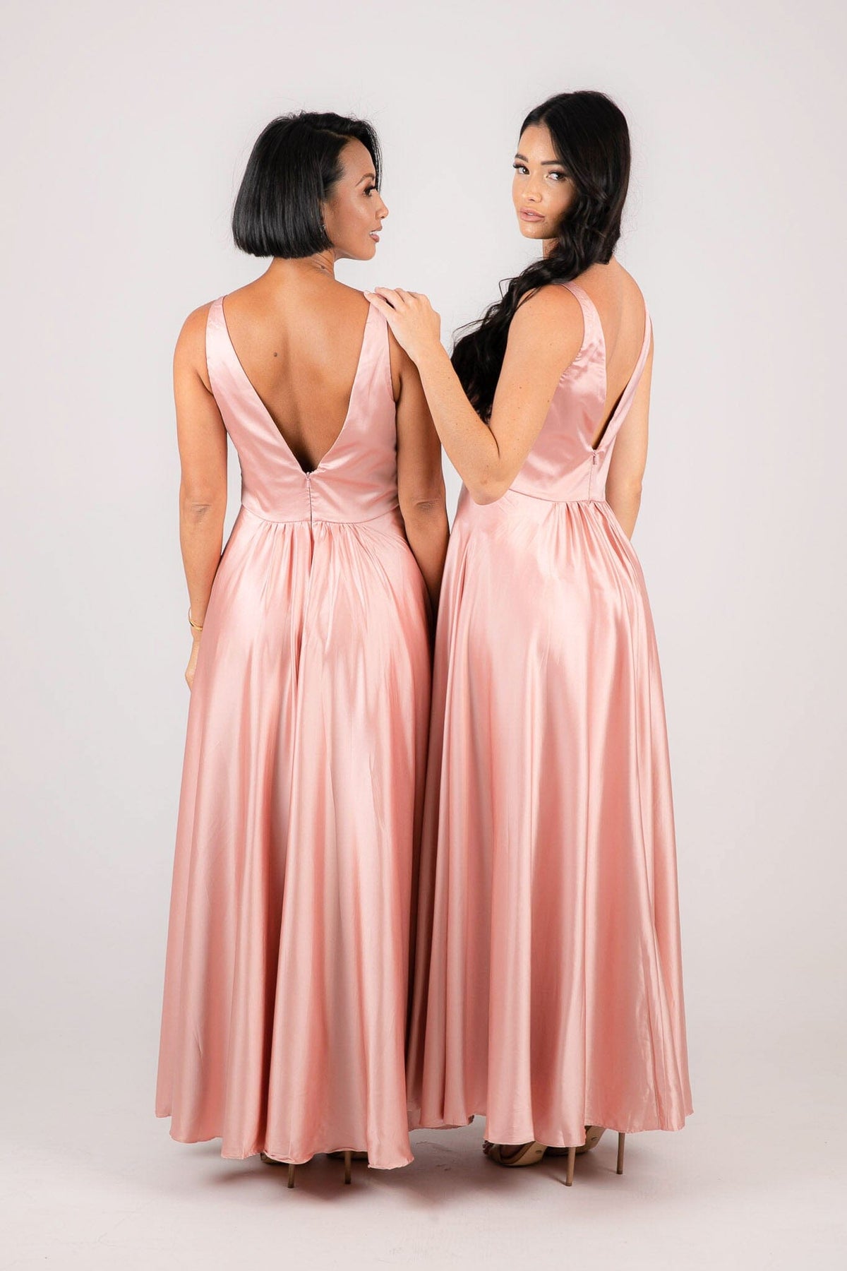 Open V Back Design of Light Pink Bridesmaid Satin A-line Maxi Dress with V Neckline, Gathered Detail and V Open Back