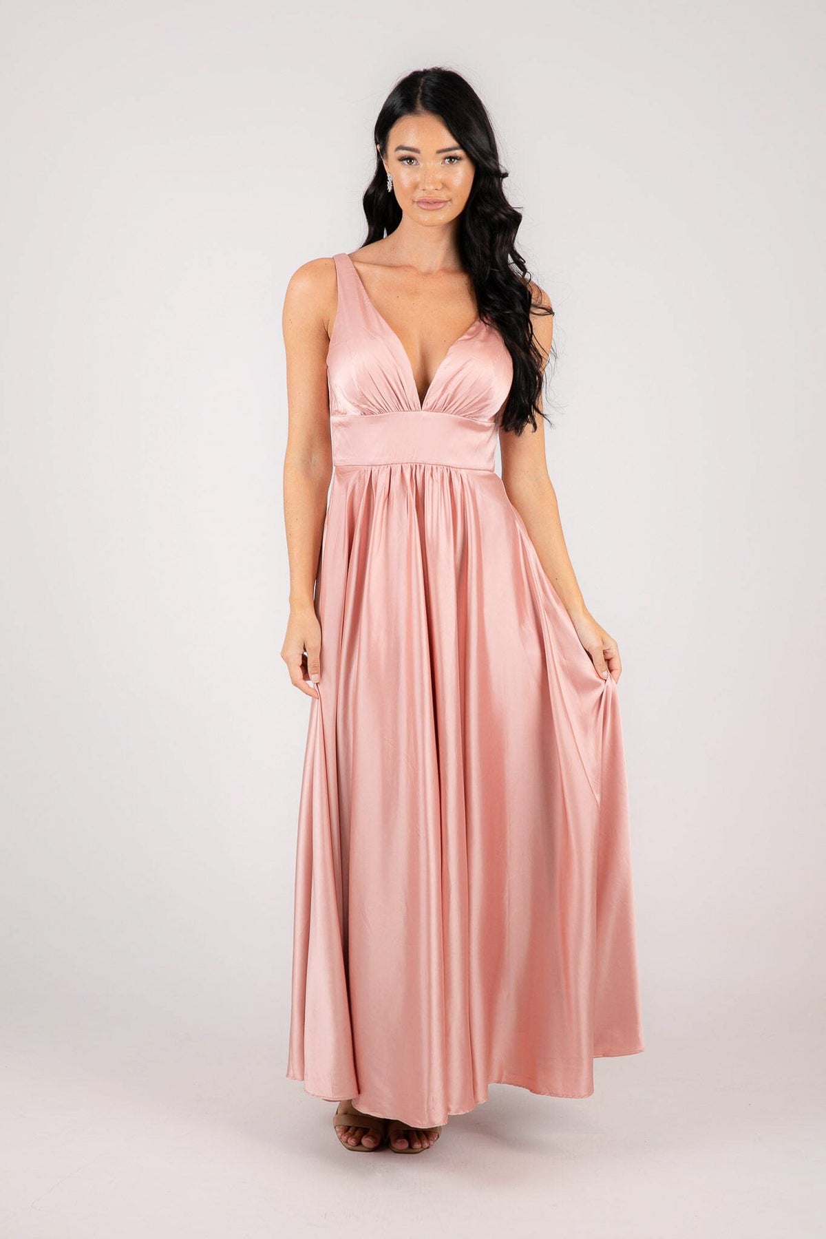 Light Salmon Pink Satin A-line Maxi Dress with V Neckline, Gathered Detail and V Open Back