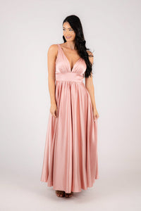 Light Pink Satin A-line Maxi Dress with V Neckline, Gathered Detail and V Open Back