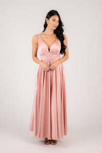 Light Pink Satin A-line Maxi Dress with V Neckline, Gathered Detail and V Open Back