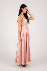 Side Image of Light Pink Satin A-line Maxi Dress with V Neckline, Gathered Detail and V Open Back