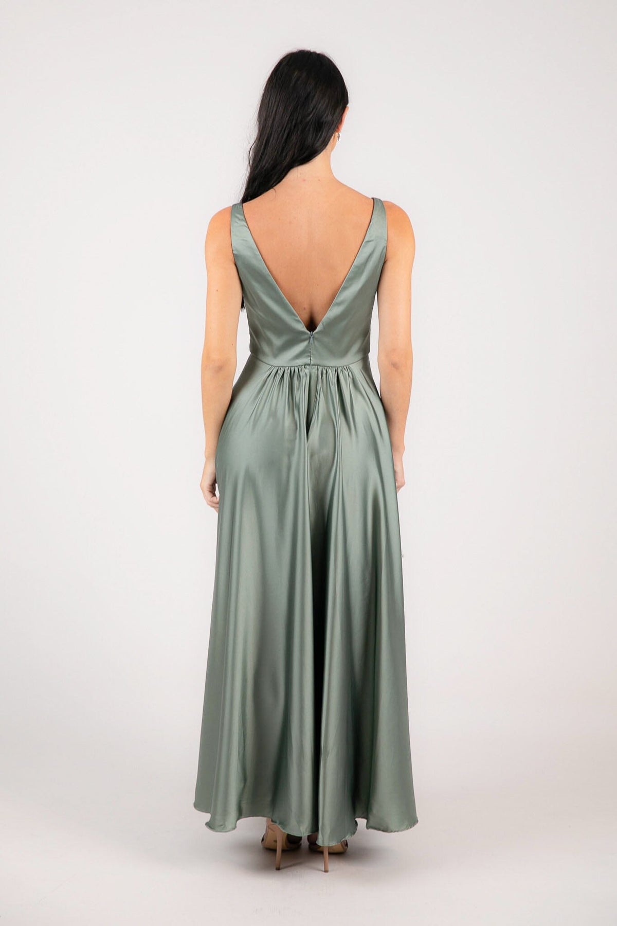 V Shaped Open Back Design of Sage Green Coloured Satin A-line Maxi Dress with V Neckline