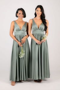 Bridesmaids wearing Sage Green Coloured Satin A-line Maxi Dress with V Neckline, Gathered Detail and V Open Back