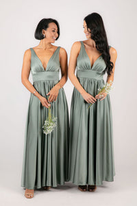Sage Green Bridesmaid Satin A-line Maxi Dresses with V Neck and V Open Back