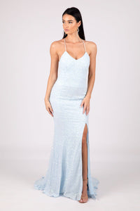 Light Blue Fitted Sequin Floor Length Evening Gown with V Neck, Side Split and Thin Spaghetti Straps