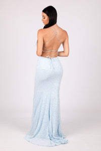 Lace Up Open Back Design of Light Blue Fitted Sequin Floor Length Evening Gown with V Neck, Side Split and Thin Spaghetti Straps
