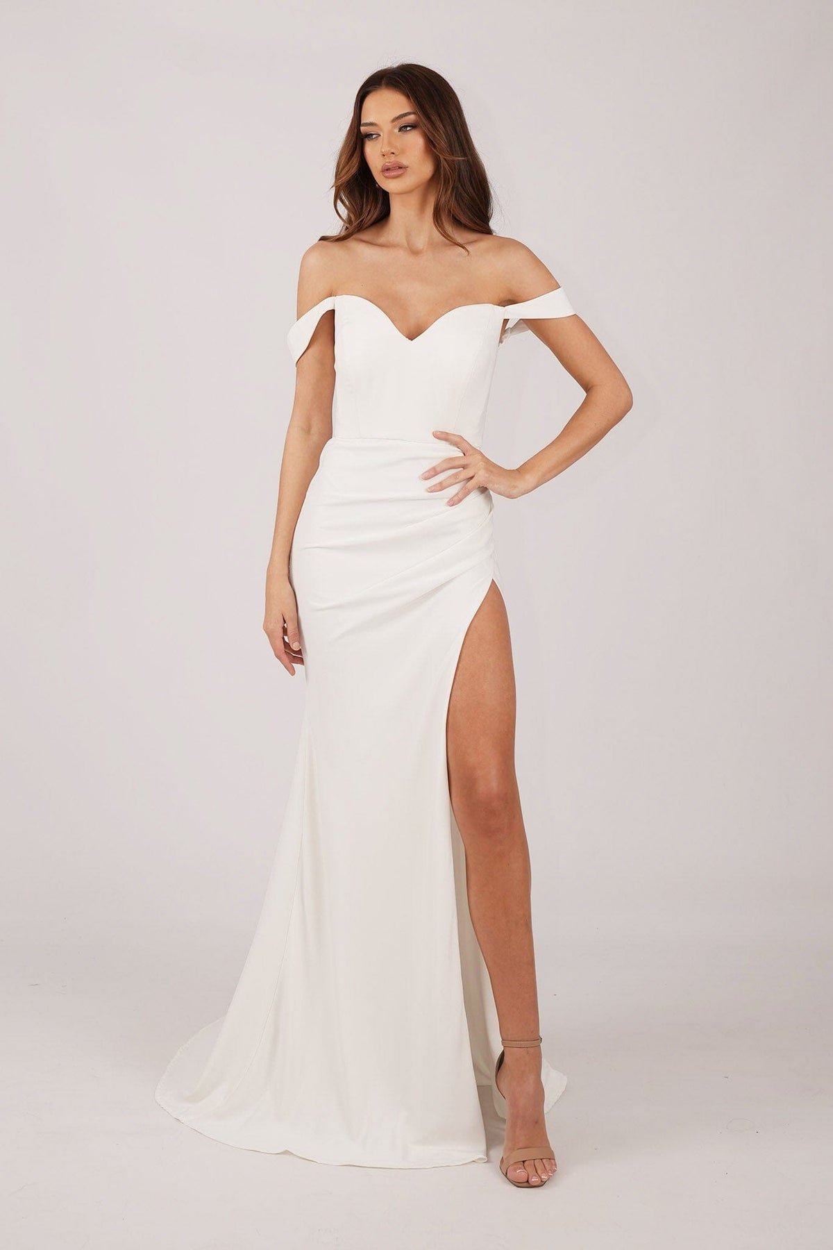 Ivory White Floor Length Evening Gown with Sweetheart Neckline, Off-Shoulder Straps, Draped Detail and Thigh High Side Slit