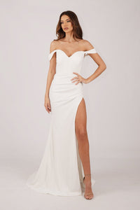 Ivory White Floor Length Evening Gown with Sweetheart Neckline, Off-Shoulder Straps, Draped Detail and Thigh High Side Slit