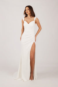 Ivory White Floor Length Evening Gown with Sweetheart Neckline, Shoulder Straps, Draped Detail and Thigh High Side Slit