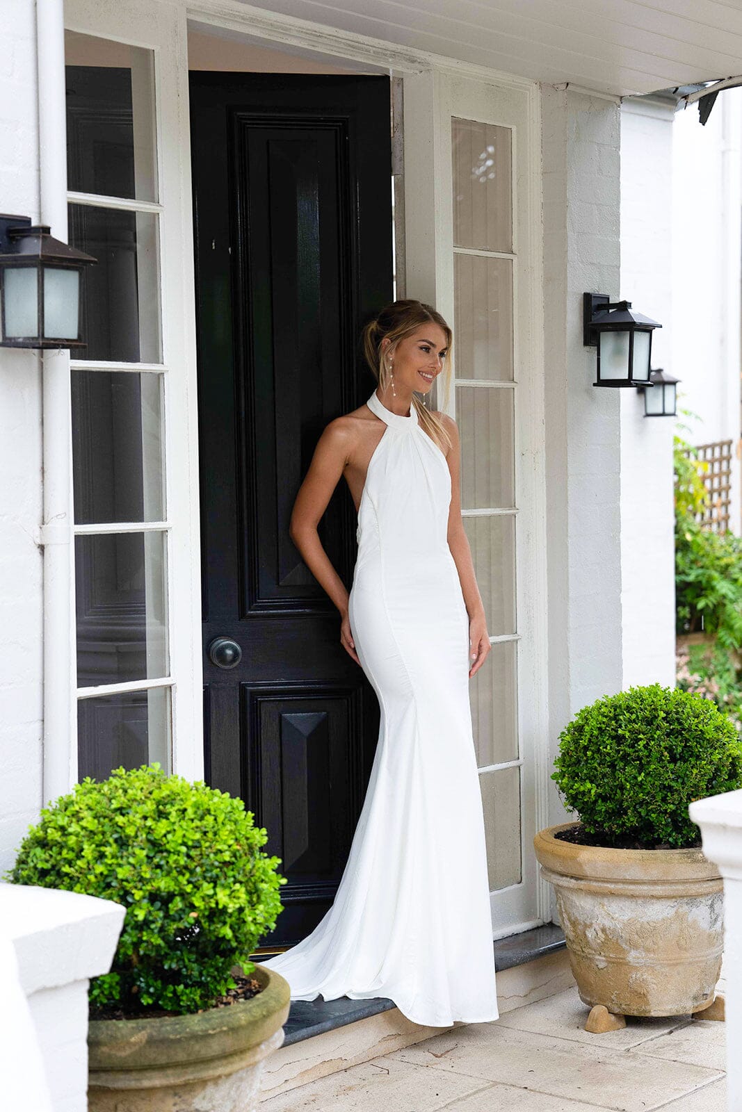 White High Neck Silky Satin Floor Length Gown with Backless Design and Sweep Train