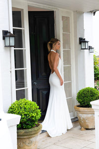 Backless Design of White High Neck Silky Satin Gown with Sweep Train