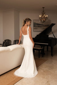 Open Back Design of White Embellished Beaded Sequin Wedding Gown with Square Neckline in Fit and Flare Silhouette