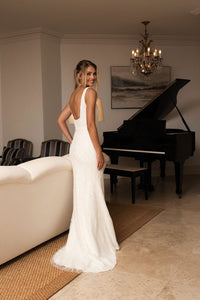 White Embellished Beaded Sequin Wedding Gown with Square Neckline, Fit and Flare Silhouette and Square Open Back