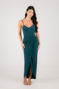 Teal Green Maxi Dress with Faux Wrap Front Design and Asymmetrical Slim-Fit Skirt with Centre Split