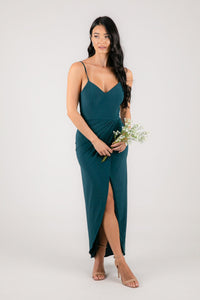 Teal Green Bridesmaid Maxi Dress with Faux Wrap Front Design and Asymmetrical Slim-Fit Skirt with Centre Split