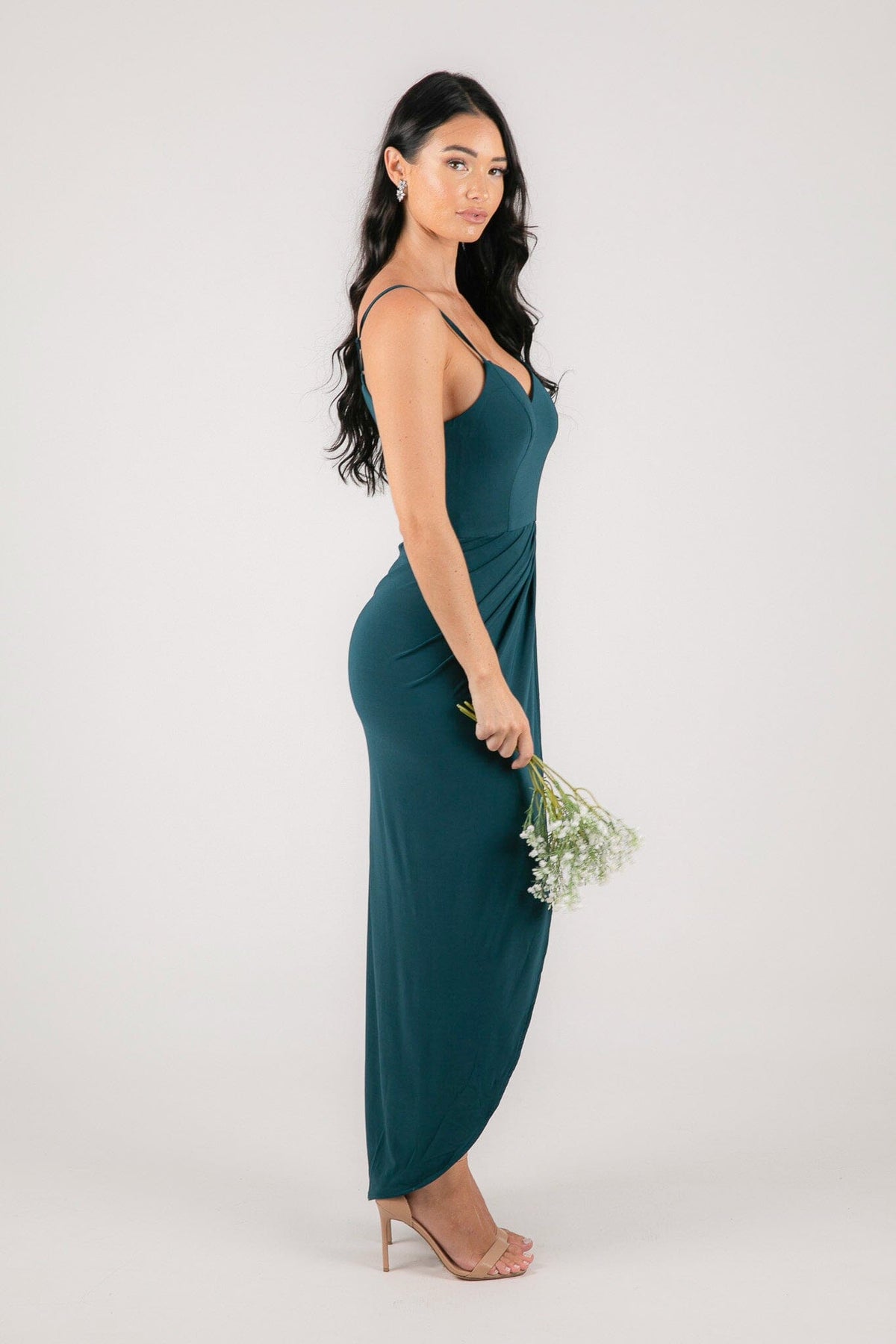 Side Image of Teal Green Bridesmaid Maxi Dress with Faux Wrap Front Design and Asymmetrical Slim-Fit Skirt with Centre Split