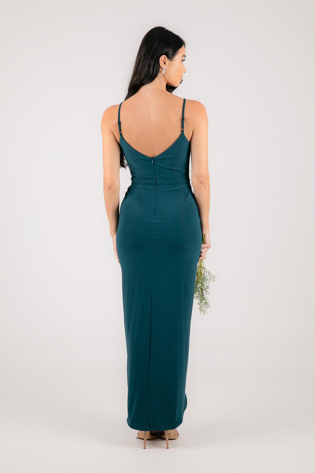 Open Back with Adjustable Straps of Teal Green Bridesmaid Maxi Dress with Faux Wrap Front Design and Asymmetrical Slim-Fit Skirt with Centre Split
