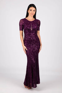 Deep Purple Sequin Evening Maxi Dress with Round Neckline and Fitted Short Sleeves
