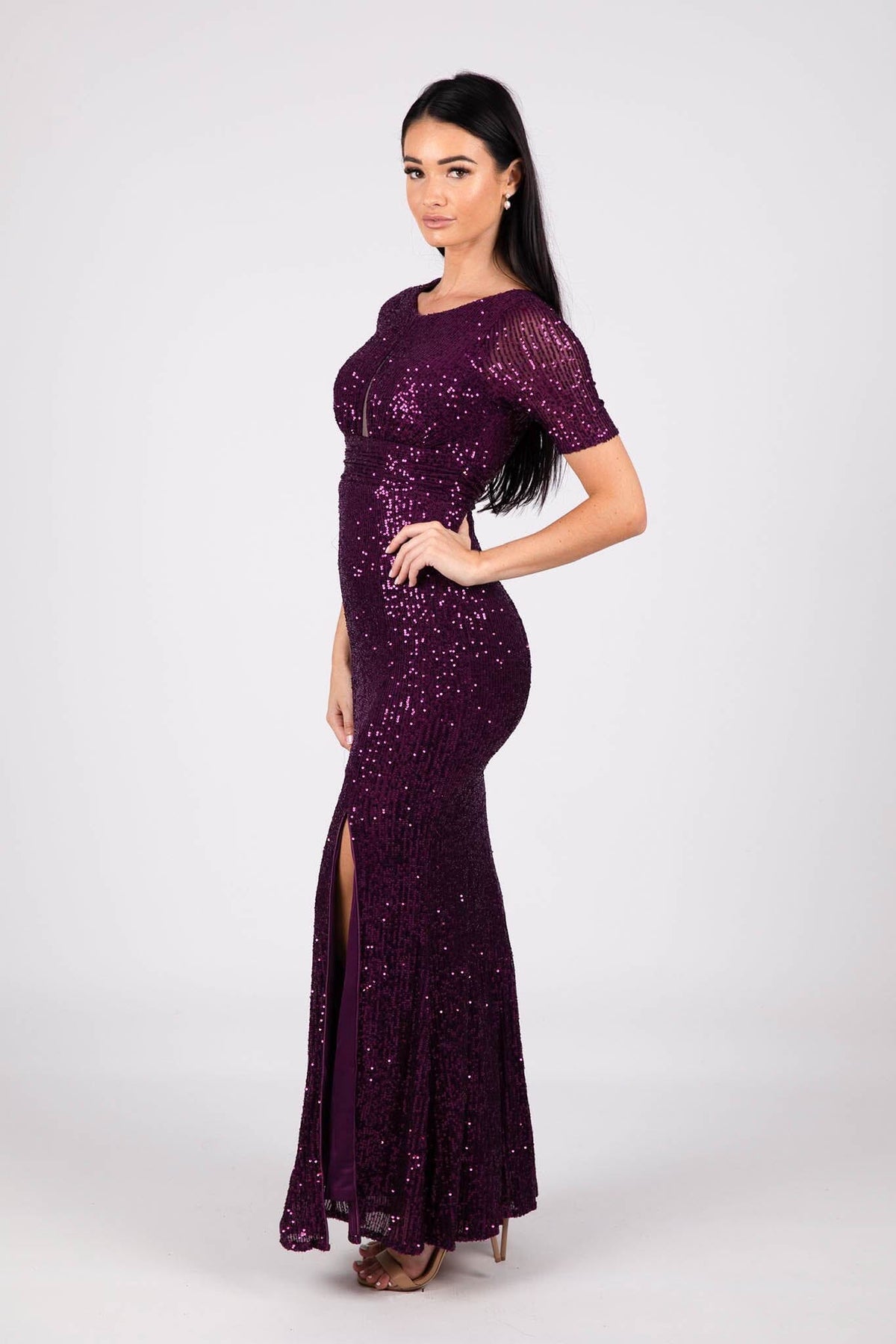 Side Image of Modest Purple Sequin Evening Maxi Dress with Round Neckline, Fitted Short Sleeves and Side Split