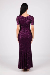 Back Image of Modest Purple Sequin Evening Maxi Dress with Round Neckline and Fitted Short Sleeves