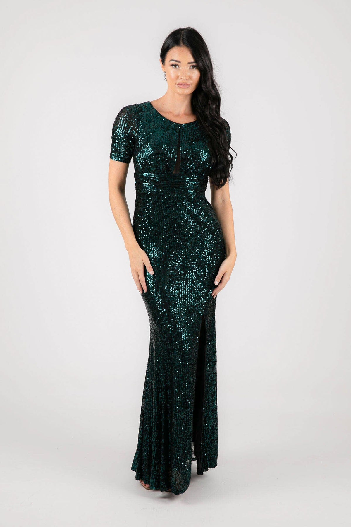 Modest Emerald Green Sequin Evening Maxi Dress with Round Neckline, Fitted Short Sleeves and Side Slit