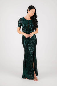 Modest Emerald Green Sequin Evening Maxi Dress with Round Neckline, Fitted Short Sleeves and Side Slit