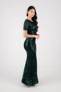 Side Image of Fitted Modest Emerald Green Sequin Evening Maxi Dress with Round Neckline, Fitted Short Sleeves and Side Slit