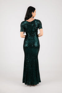 Back Image of Form Fitting Modest Emerald Green Sequin Evening Maxi Dress with Round Neckline, Fitted Short Sleeves and Side Slit