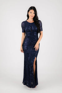 Modest Navy Deep Blue Sequin Evening Maxi Dress with Round Neckline, Fitted Short Sleeves and Side Slit