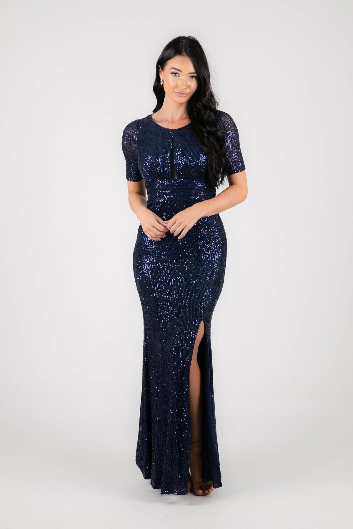 Modest Fitted Navy Sequin Evening Maxi Dress with Round Neckline, Fitted Short Sleeves and Side Slit