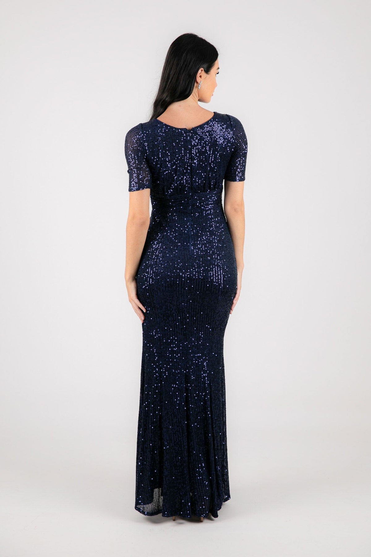 Back Image of Form Fitting Modest Navy Deep Blue Sequin Evening Maxi Dress with Round Neckline, Fitted Short Sleeves and Side Slit